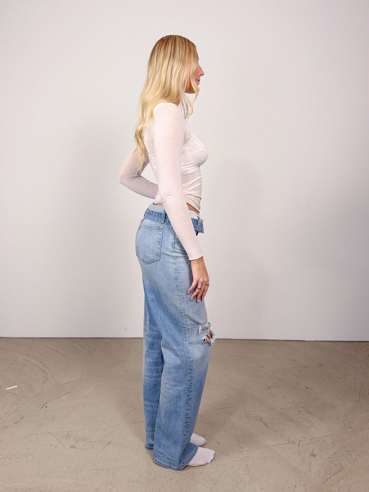 Tall Mid Waist Straight Leg Jeans Foldover Bund